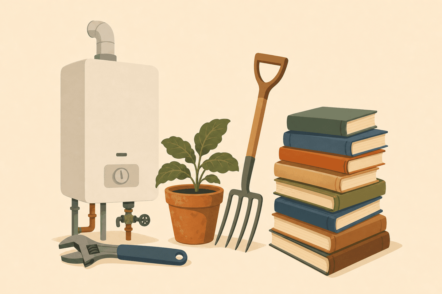 Boiler jobs, allotment, and a stack of books